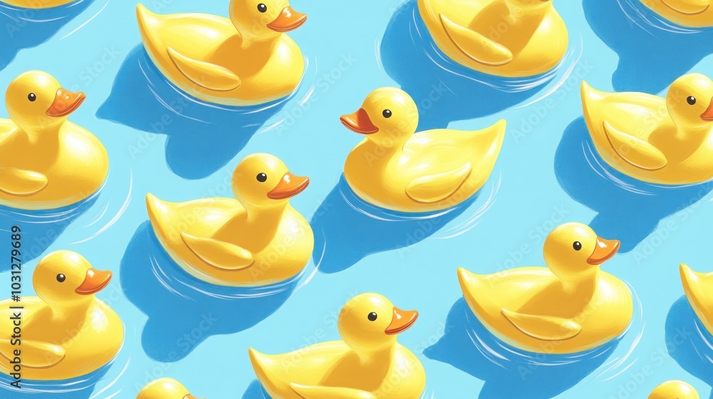 Poster a repeating pattern of yellow rubber ducks floating on a blue background, creating a playful and whi