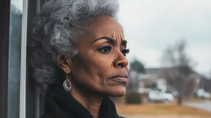 A woman with silver hair looks out a window pensively.