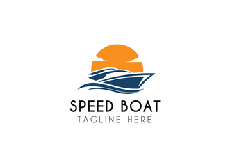 Jet boat logo design. Simple Minimalist Silhouette of Speedboat Jetboat Motorboat, or Boat with Motor with water sea ocean wave logo design