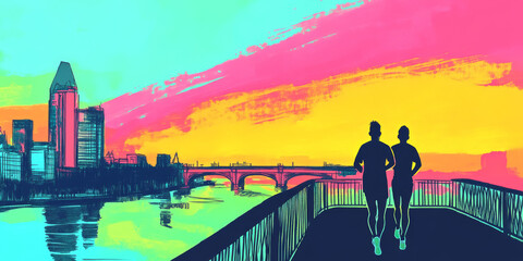 Fototapeta premium Two people run along a riverfront with a colorful cityscape in the background.