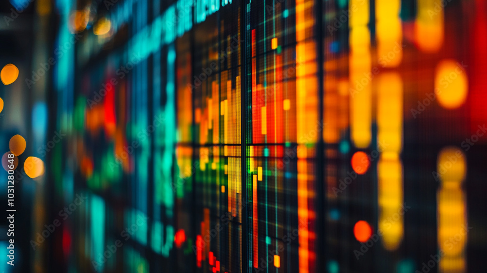 Poster colorful data visualization display of market trends and analytics in a modern office setting