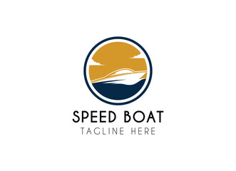 Jet boat logo design. Simple Minimalist Silhouette of Speedboat Jetboat Motorboat, or Boat with Motor with water sea ocean wave logo design