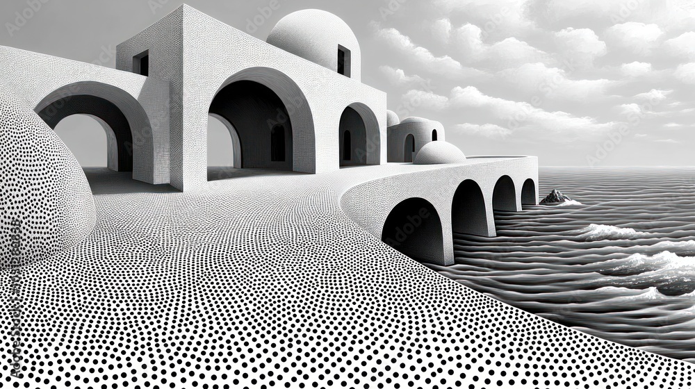 Poster monochromatic coastal architecture with domes and arches.