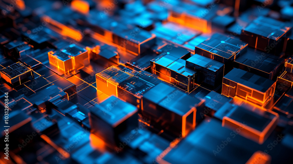 Poster abstract visualization of glowing geometric shapes in a digital environment