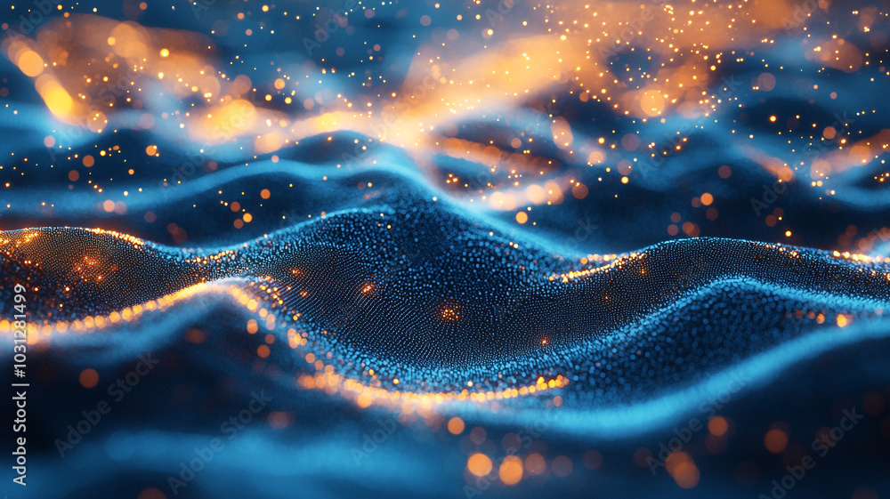Poster abstract visual of shimmering waves with glowing particles in a dark environment at night