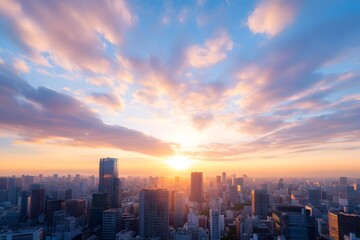 Fototapeta premium Breathtaking Cityscape with Stunning Sunset Sky over Modern Skyscrapers and Towers in Downtown Metropolis