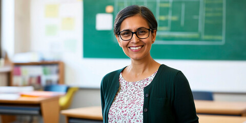 40+ year old school teacher with blurred classroom background