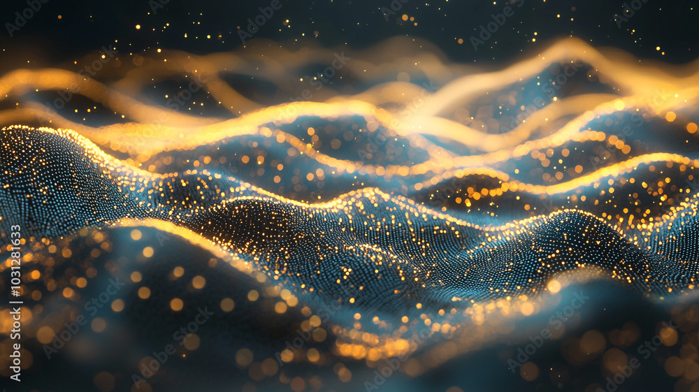 Poster abstract representation of glowing waves with shimmering particles in a dark background