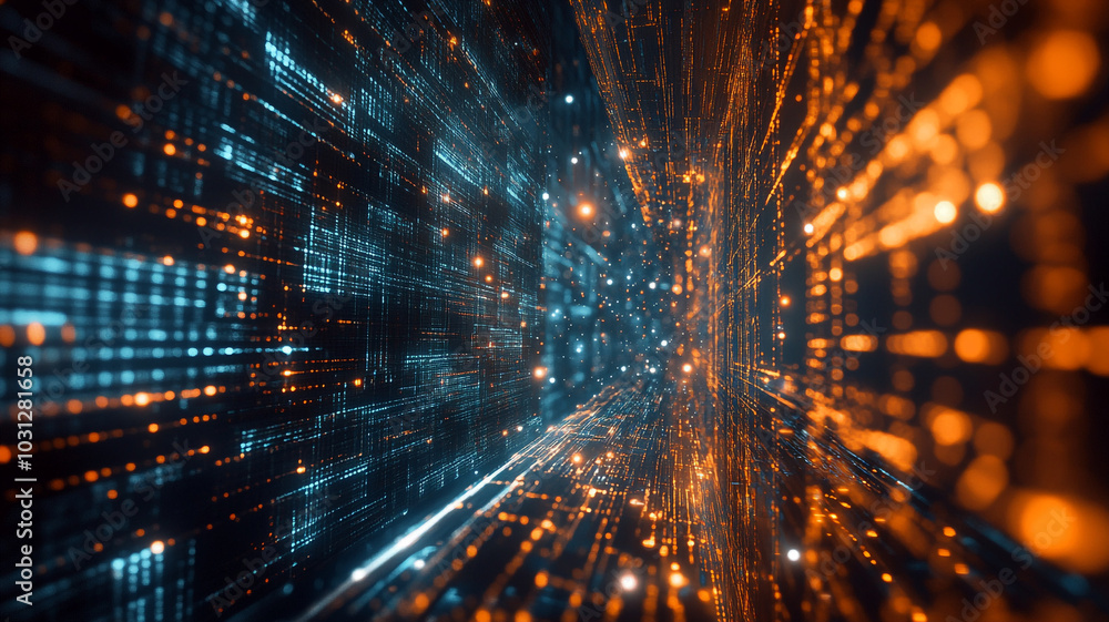 Poster exploring bright digital paths with glowing blue and orange data streams in a futuristic setting
