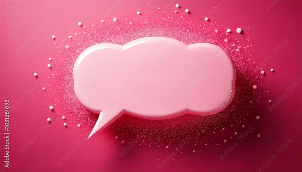 Poster a soft pink speech bubble surrounded by shimmering particles on a vibrant pink background, creating 