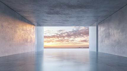 Concrete room with a sunset view through a window.