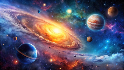 Obraz premium cosmic wonderland, where planets dance around a majestic galaxy, creating a breathtaking celestial ballet.