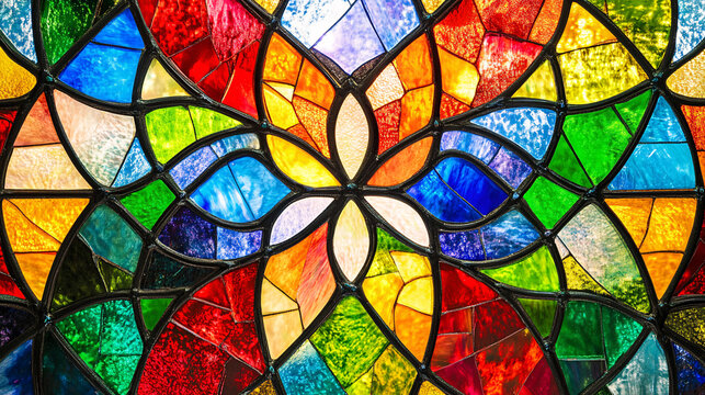 colorful stained glass window abstract design with floral shapes and vibrant hues for decoration and backgrounds