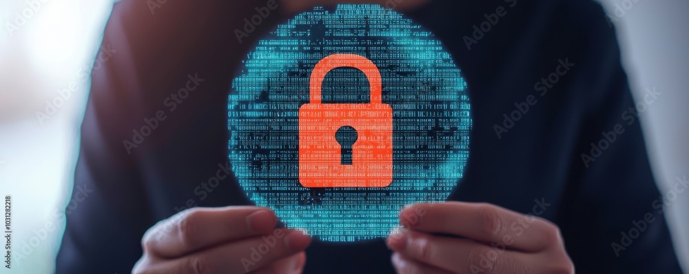 Poster hackers trying to break through encrypted data blocked by security symbols, privacy, settings, inter