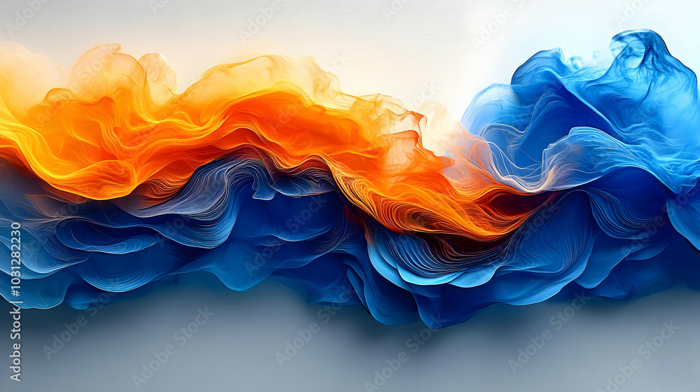 Poster abstract waves of orange and blue creating a dynamic visual flow.