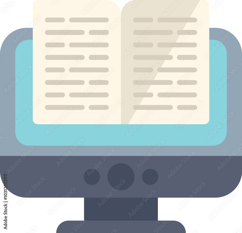 Poster open book displaying on desktop computer monitor screen representing online education concept