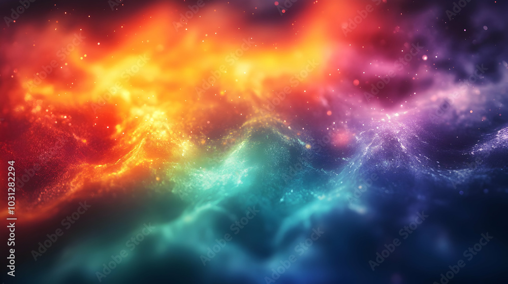 Poster abstract cosmic background with vibrant colors and swirling patterns.