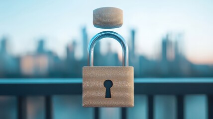 City skyline made of data points with a floating padlock above, urban privacy protection, Privacy security
