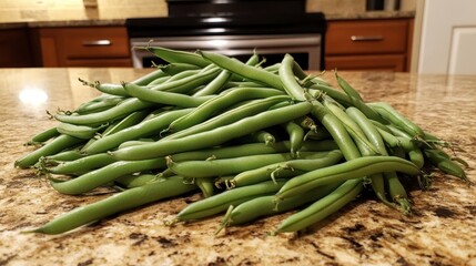 Obraz premium Fresh Green Beans on Kitchen Counter