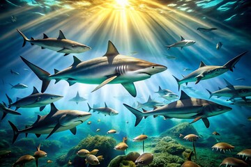 Fototapeta premium Bokeh Effect of Sharks Swimming Near Seafloor in Slow Motion