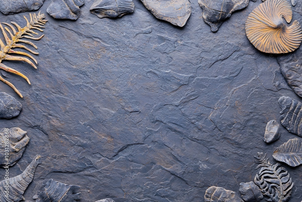 Poster flat lay texture of fossilized seashells and sedimentary rocks on gray slate surface