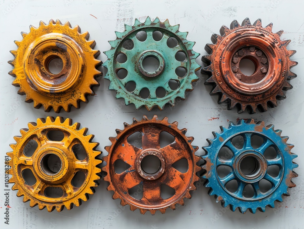 Poster a collection of colorful gears arranged in a grid, showcasing industrial design and function.