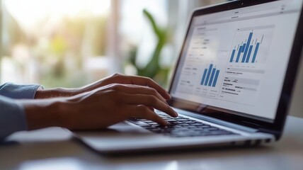 Close-up of hands typing on a laptop, eCommerce financial projections visible on screen financial planning, startup strategy