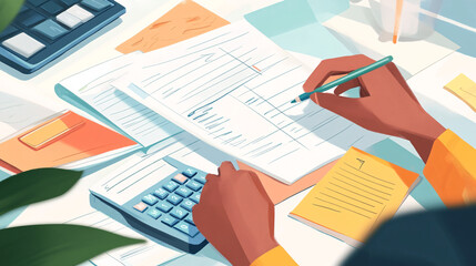 hand writes on a white notebook next to a calculator and other papers on a desk