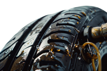 Close-up of a tire being inflated with an air pump in action