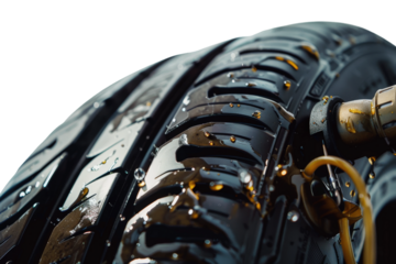 Close-up of a tire being inflated with an air pump in action