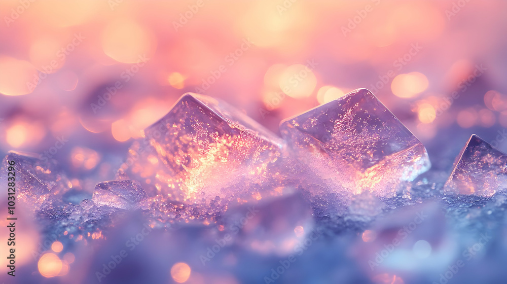 Poster close-up of shimmering ice cubes with a colorful background.