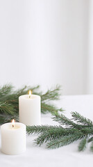 white candles and pine branches on a white tablecloth minimalist winter background