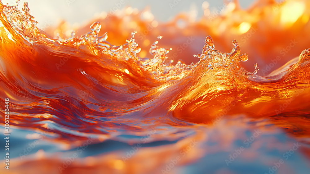 Poster vibrant orange waves crashing in sunlight, creating a dynamic scene.