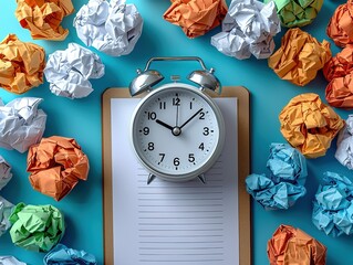 A clock sits atop a notepad surrounded by crumpled paper, symbolizing time management and creativity.