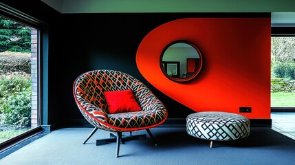 Modern living space with stylish furniture and bold colors.