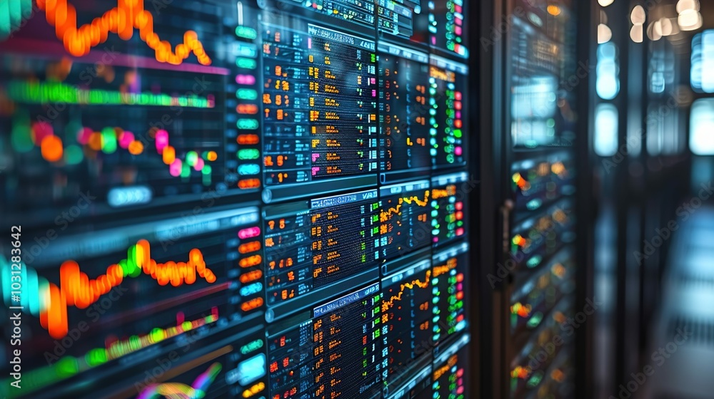 Poster a close-up of digital stock market displays showing graphs and data trends.
