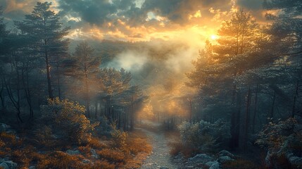 Obraz premium Enchanted Forest Path at Sunrise - Golden Hour Landscape Photography
