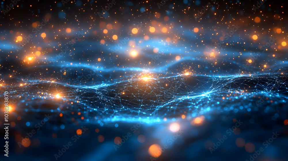 Poster abstract digital visualization of interconnected points and lines.