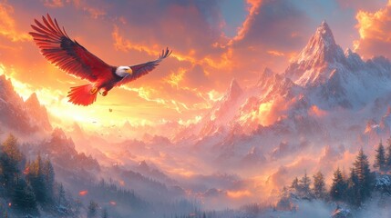 Majestic eagle soaring over a mountain range at sunrise, vibrantes colors landscape background