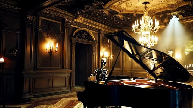 A skeleton in a wedding dress hauntingly plays melodies on a grand piano in a luxurious, dusty haunted house, creating an eerie yet captivating atmosphere