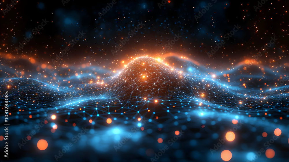 Poster abstract digital landscape with glowing nodes and waves.