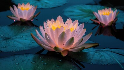 Single water lily illuminated on calm water, glowing petals in serene night scene