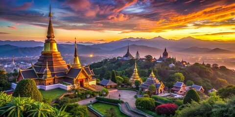Breathtaking Cityscape Panorama of Chiang Mai Showcasing Lush Mountains, Temples, and Urban Life at Dusk