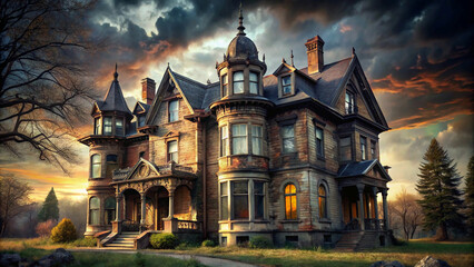 gothic mansion, shrouded in mystery, invites exploration with its turrets, towers, and weathered stone