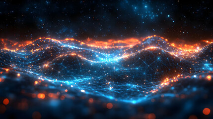 Obraz premium Abstract digital landscape with glowing blue and orange waves.