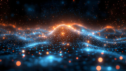 Fototapeta premium Abstract digital landscape with glowing nodes and waves.