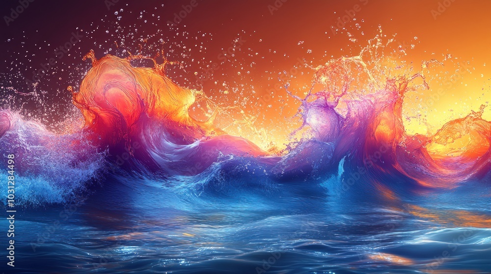 Poster vibrant waves illuminated by sunset colors creating a dynamic scene.