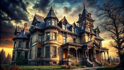 Obraz premium grand Victorian mansion stands solitary under a dramatic sky, its weathered facade hinting at a rich history.