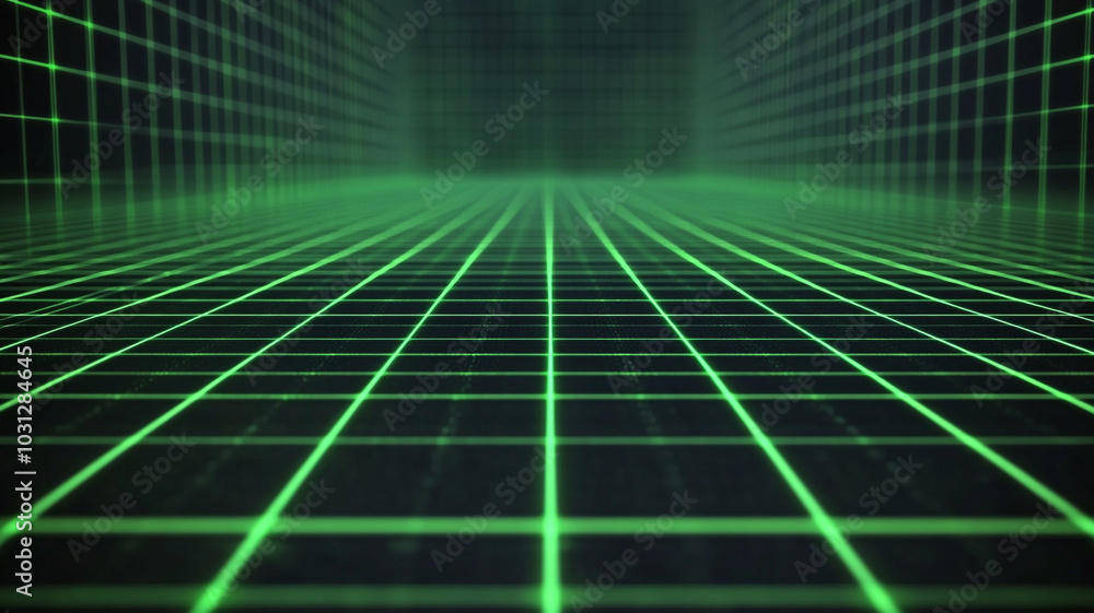 Poster green grid pattern creating a dynamic perspective on a digital surface at night