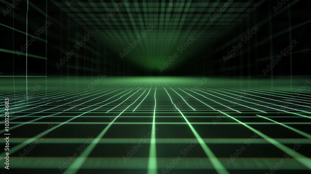 Poster a futuristic green grid pattern extending into an abstract digital space at night